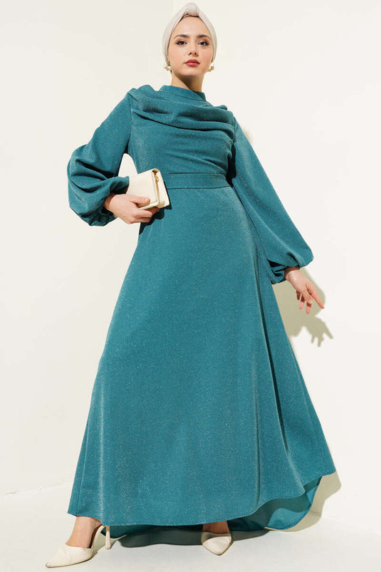 Draped Shoulder Shimmery Evening Dress Petrol