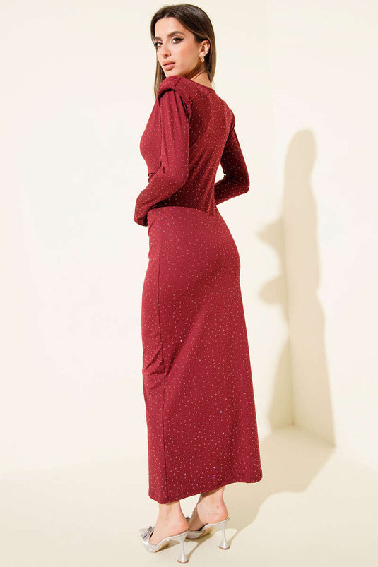 Degaje Yaka Taşlı Vatkalı Elbise Bordo