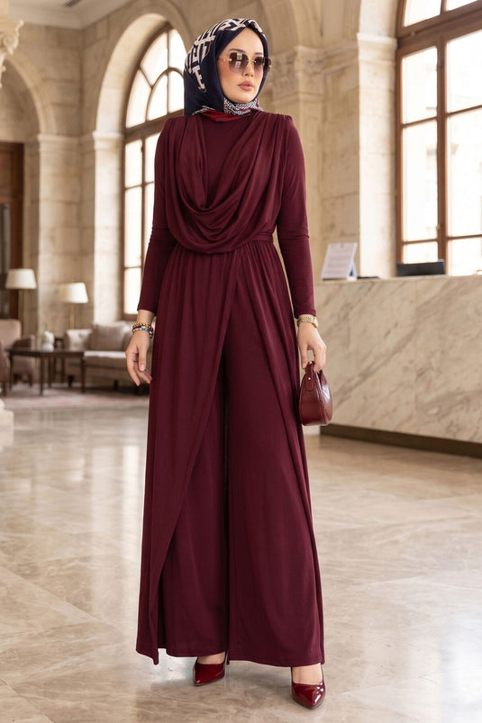 Jumpsuit met V-hals, tailleband en rok in bordeaux