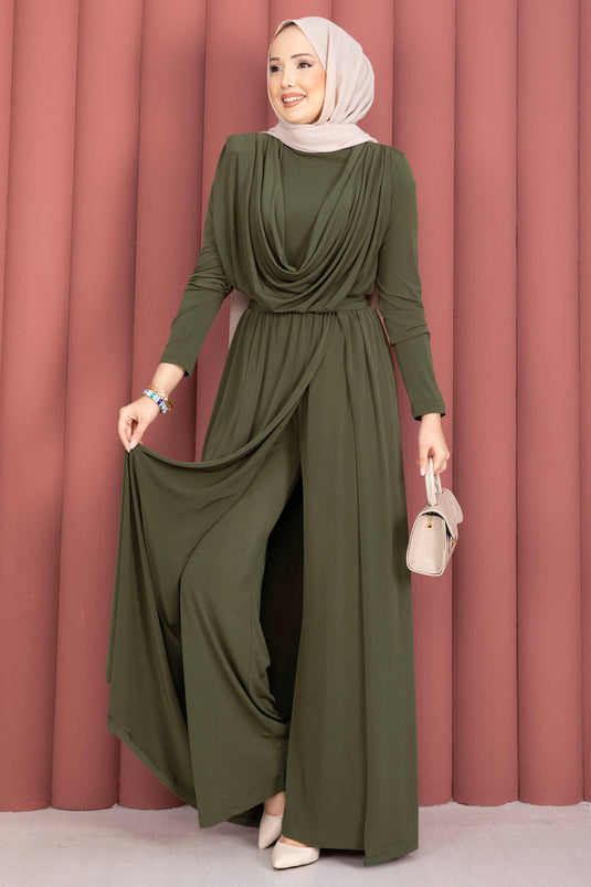 Jumpsuit met V-hals, tailleband en rok in kaki