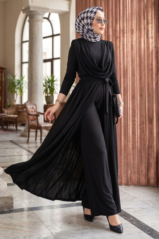 Jumpsuit met V-hals, tailleband en rok, zwart