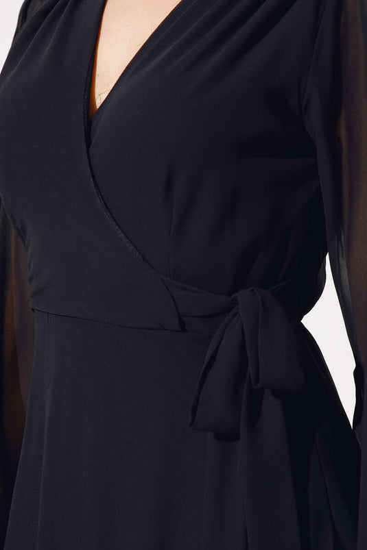 Dekolte Yaka Şifon Elbise Siyah