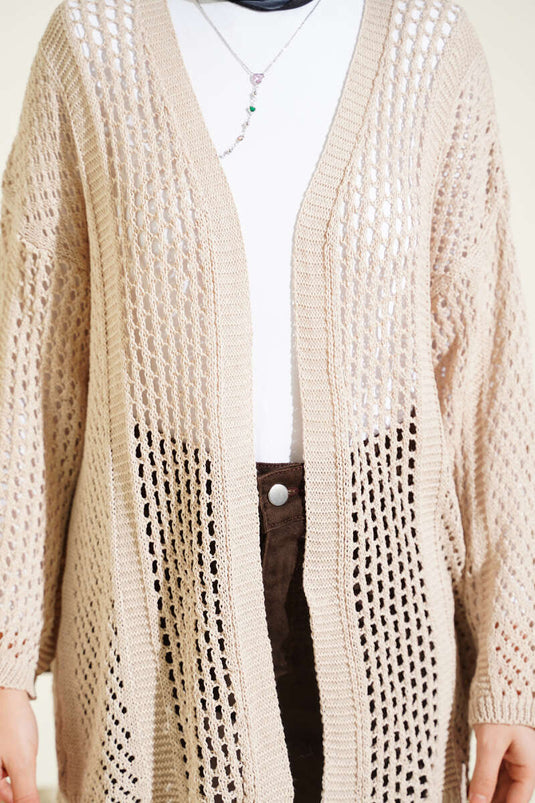 Cardigan in maglia traforata beige