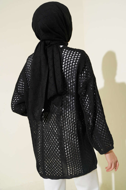 Cardigan en tricot ajouré à trous noir
