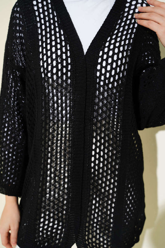 Cardigan en tricot ajouré à trous noir