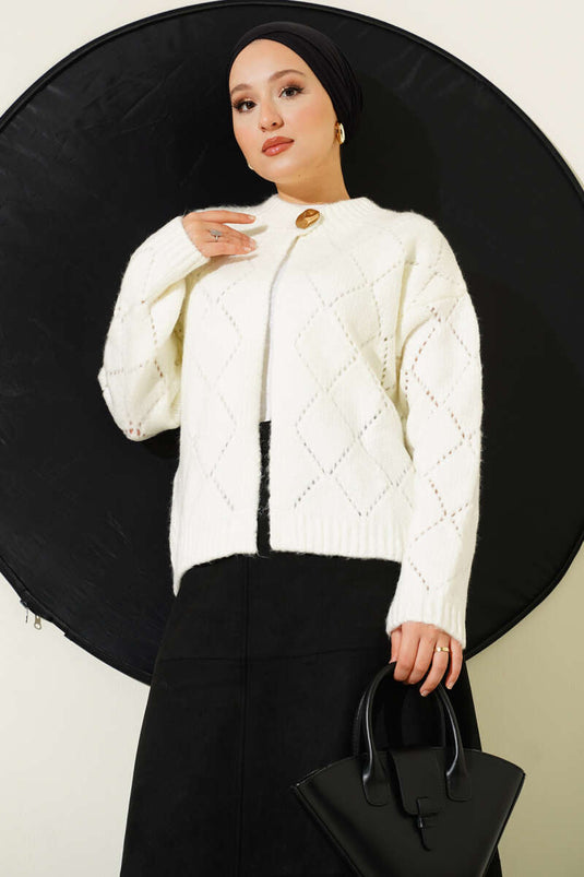 Perforierte Strickjacke mit Rautenmuster Ecru