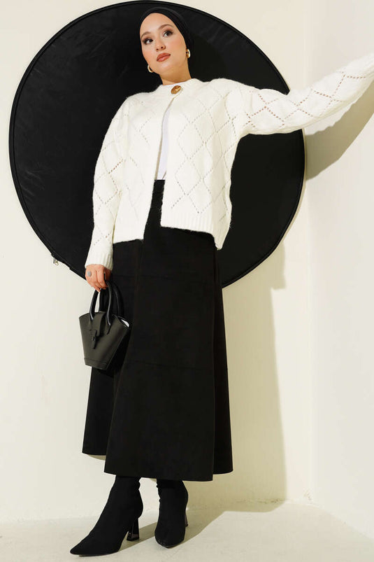 Perforierte Strickjacke mit Rautenmuster Ecru