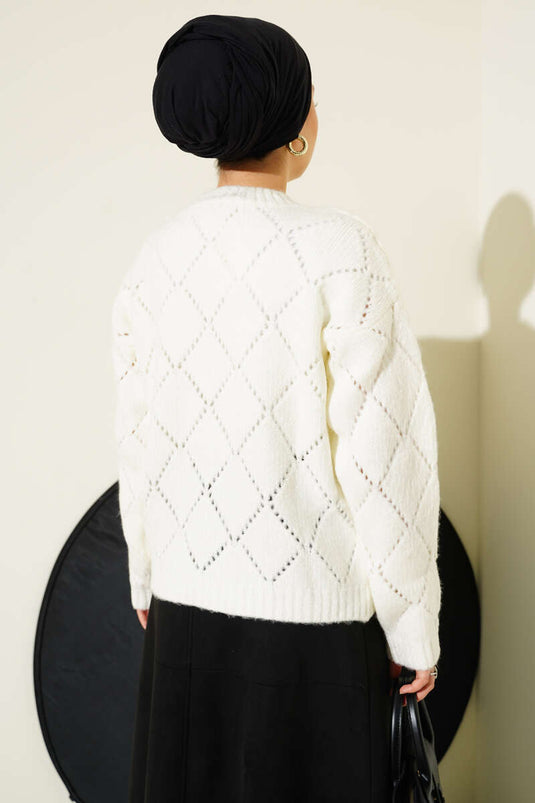 Perforierte Strickjacke mit Rautenmuster Ecru