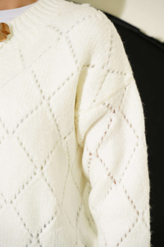 Perforierte Strickjacke mit Rautenmuster Ecru