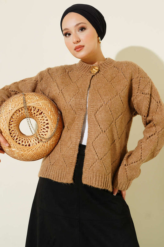Perforated Diamond Patterned Knitwear Cardigan Latte