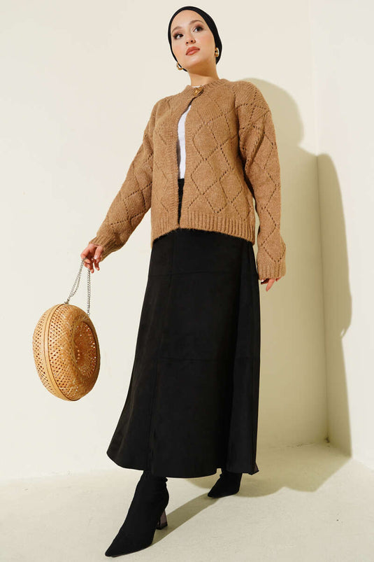 Perforated Diamond Patterned Knitwear Cardigan Latte