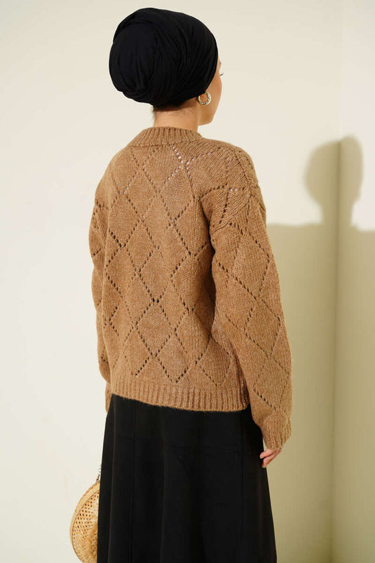 Perforated Diamond Patterned Knitwear Cardigan Latte