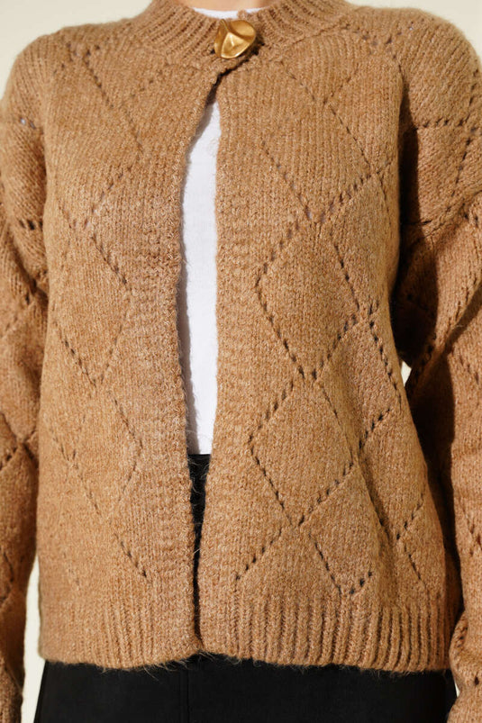 Perforated Diamond Patterned Knitwear Cardigan Latte