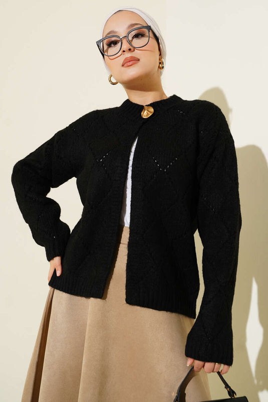 Delikli Baklava Desenli Triko Hırka Siyah