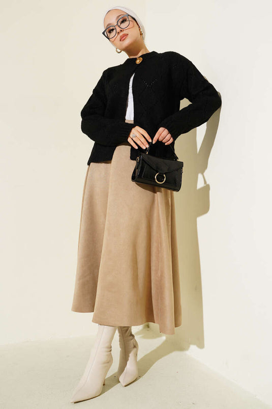 Delikli Baklava Desenli Triko Hırka Siyah