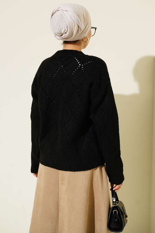 Delikli Baklava Desenli Triko Hırka Siyah