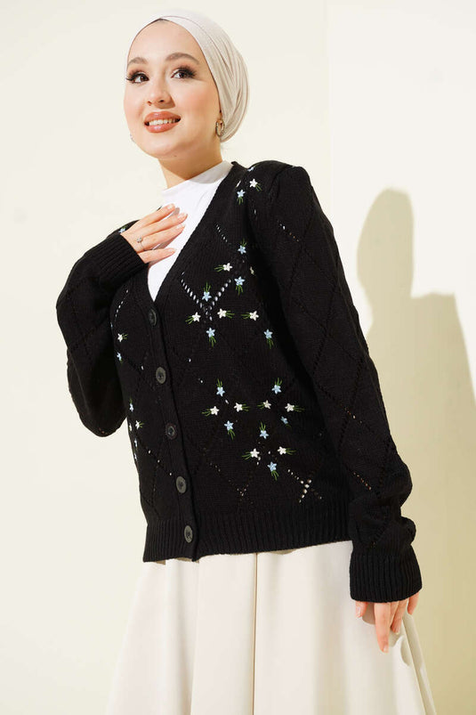 Perforierter, floral bestickter Strickcardigan, Schwarz