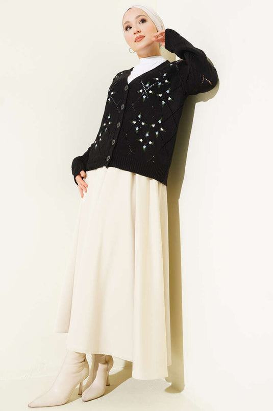 Perforated Floral Embroidered Knitted Cardigan, Black