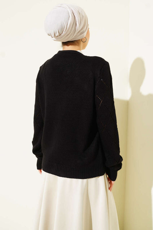 Perforated Floral Embroidered Knitted Cardigan, Black