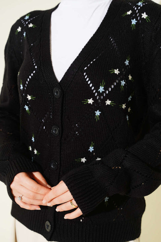 Perforierter, floral bestickter Strickcardigan, Schwarz