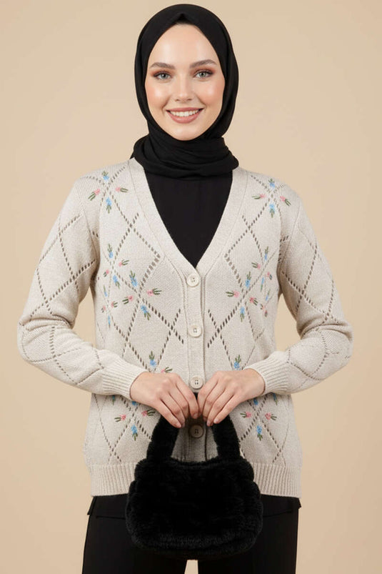 Perforated Flower Embroidered Knitted Cardigan Stone