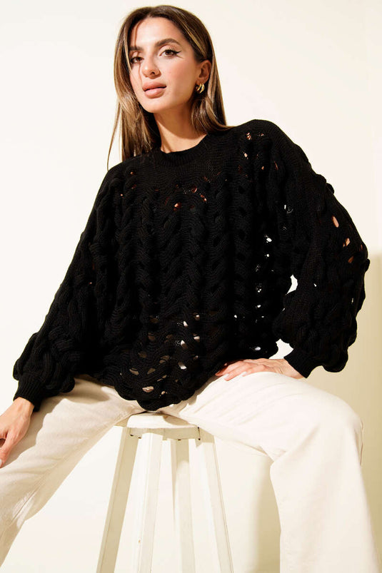 Openwork Knit Balloon Sleeve Sweater Black