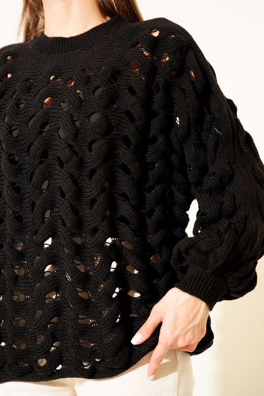 Openwork Knit Balloon Sleeve Sweater Black