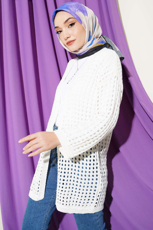 White Long Knitted Openwork Cardigan with Holes