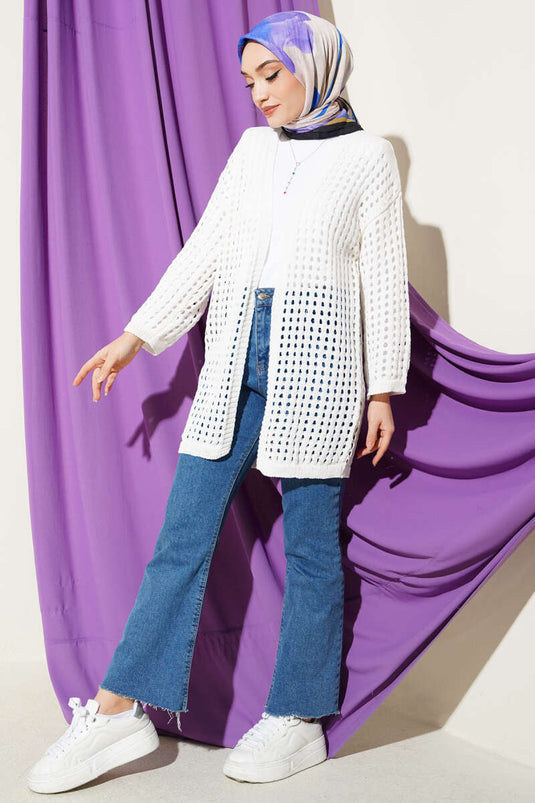 White Long Knitted Openwork Cardigan with Holes