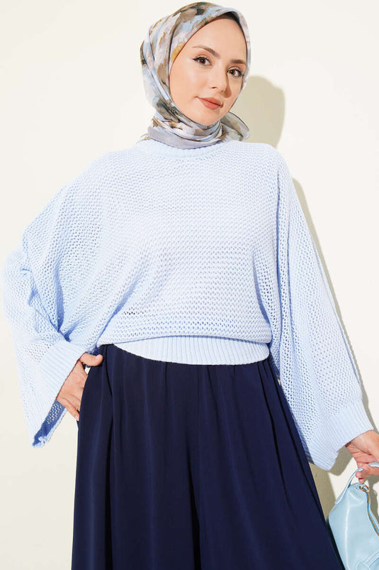 Baby Blue Crochet Batwing Sleeve Knit Sweater With Holes