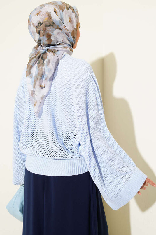 Baby Blue Crochet Batwing Sleeve Knit Sweater With Holes