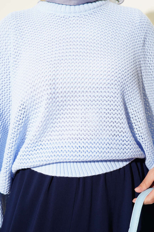 Baby Blue Crochet Batwing Sleeve Knit Sweater With Holes