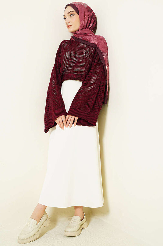 Pull En Tricot Ajouré À Manches Chauve-Souris Ajourées Bordeaux