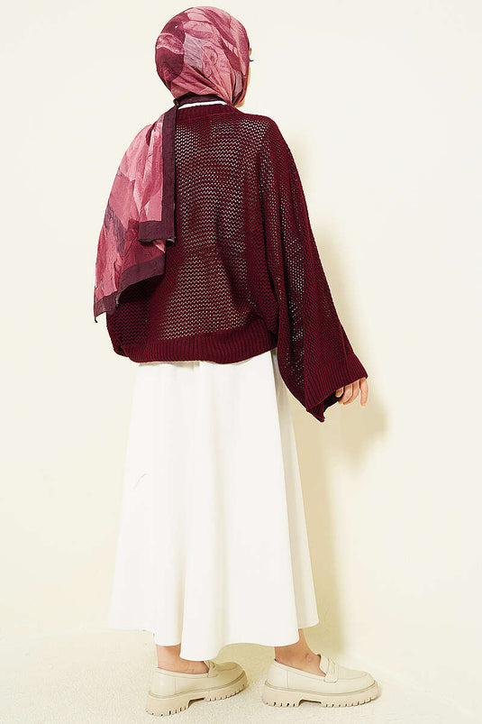 Pull En Tricot Ajouré À Manches Chauve-Souris Ajourées Bordeaux