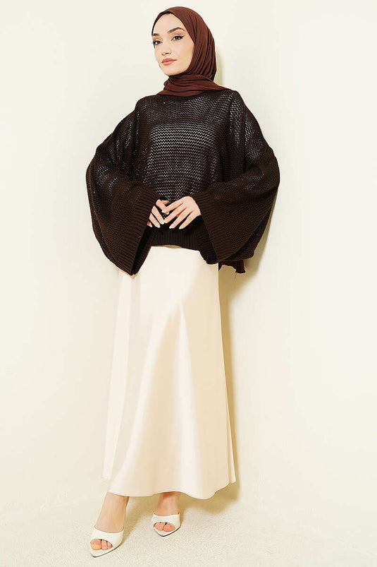 Perforated Batwing Sleeve Knit Openwork Sweater Brown