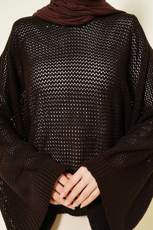 Perforated Batwing Sleeve Knit Openwork Sweater Brown