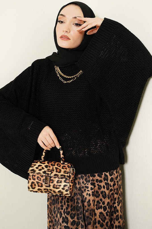 Pull En Tricot Ajouré À Manches Chauve-Souris Perforées Noir