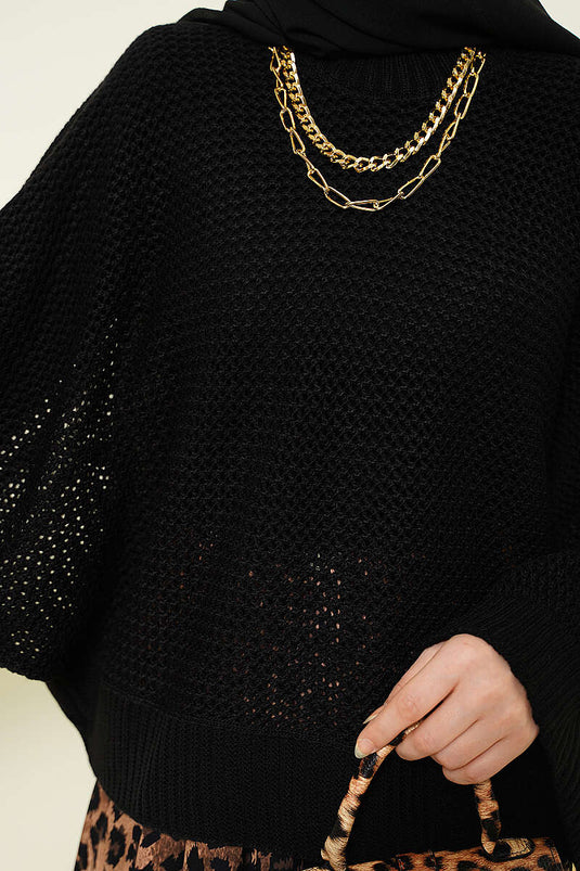 Pull En Tricot Ajouré À Manches Chauve-Souris Perforées Noir