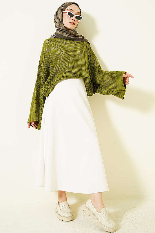 Pull Vert À Manches Chauve-Souris En Crochet