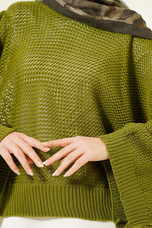 Pull Vert À Manches Chauve-Souris En Crochet