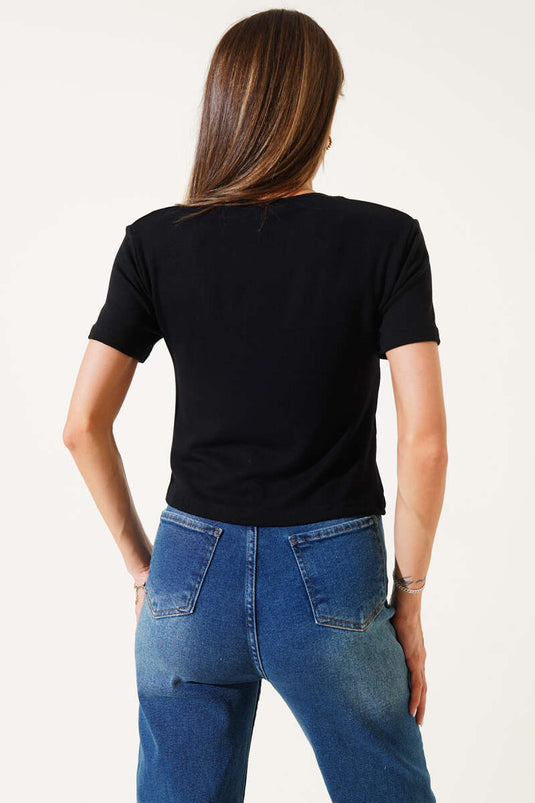 Schwarzer Crop-Top-Ausschnitt mit Seestern-Print