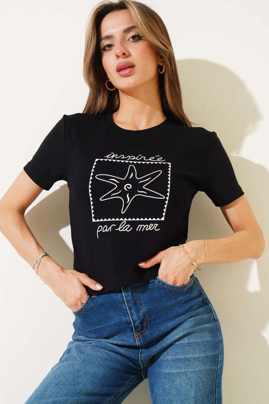 Schwarzer Crop-Top-Ausschnitt mit Seestern-Print