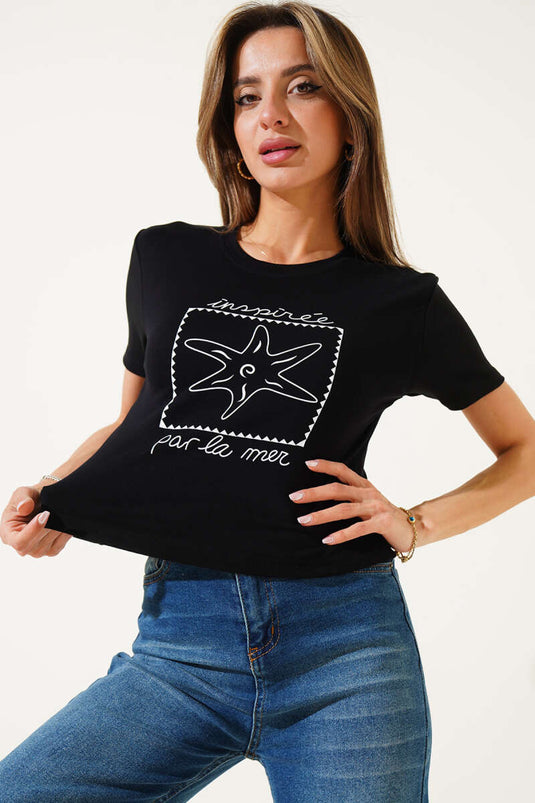 Schwarzer Crop-Top-Ausschnitt mit Seestern-Print