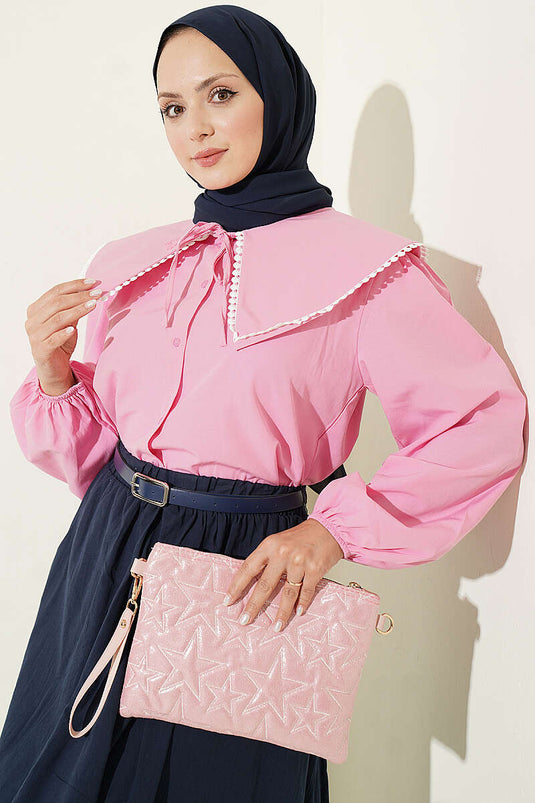 Kurzes Rosa Hemd Mit Bindeband-Kragen