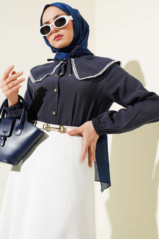 قميص قصير من الدانتيل بياقة بحارة، أزرق داكن