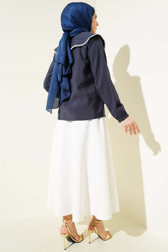 قميص قصير من الدانتيل بياقة بحارة، أزرق داكن