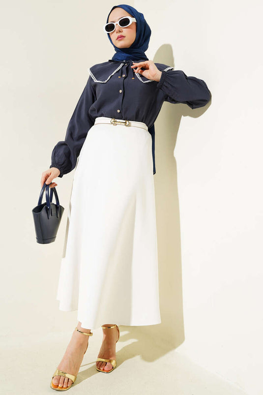 قميص قصير من الدانتيل بياقة بحارة، أزرق داكن