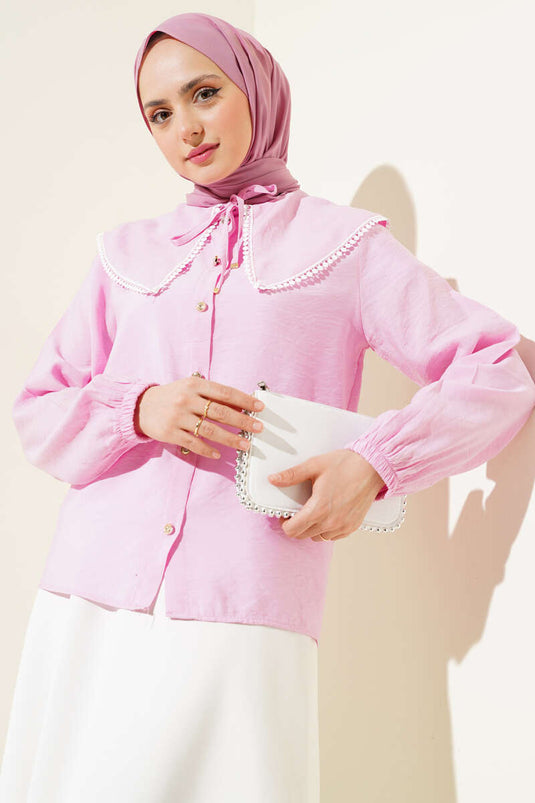 Sailor Collar Lace Short Shirt Pink