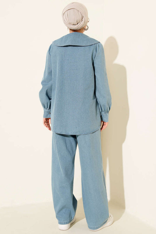 Navy Collar Zippered Denim Two-Piece Suit Light Blue