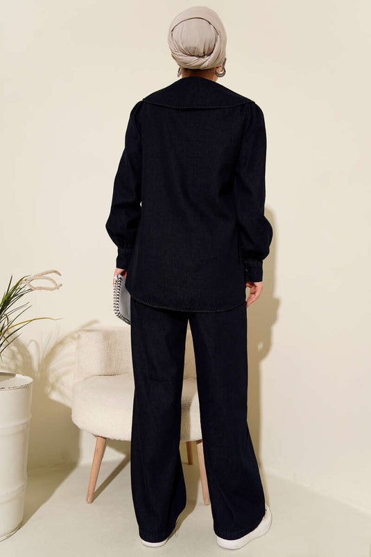 Costume deux pièces en jean à col marin et fermeture éclair bleu marine